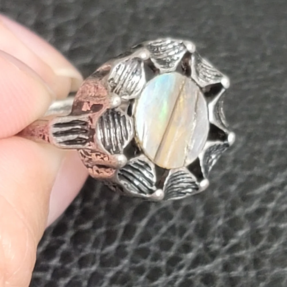 Irridescent Shell & Silvertone Ring, Antique Inspired - Size 7